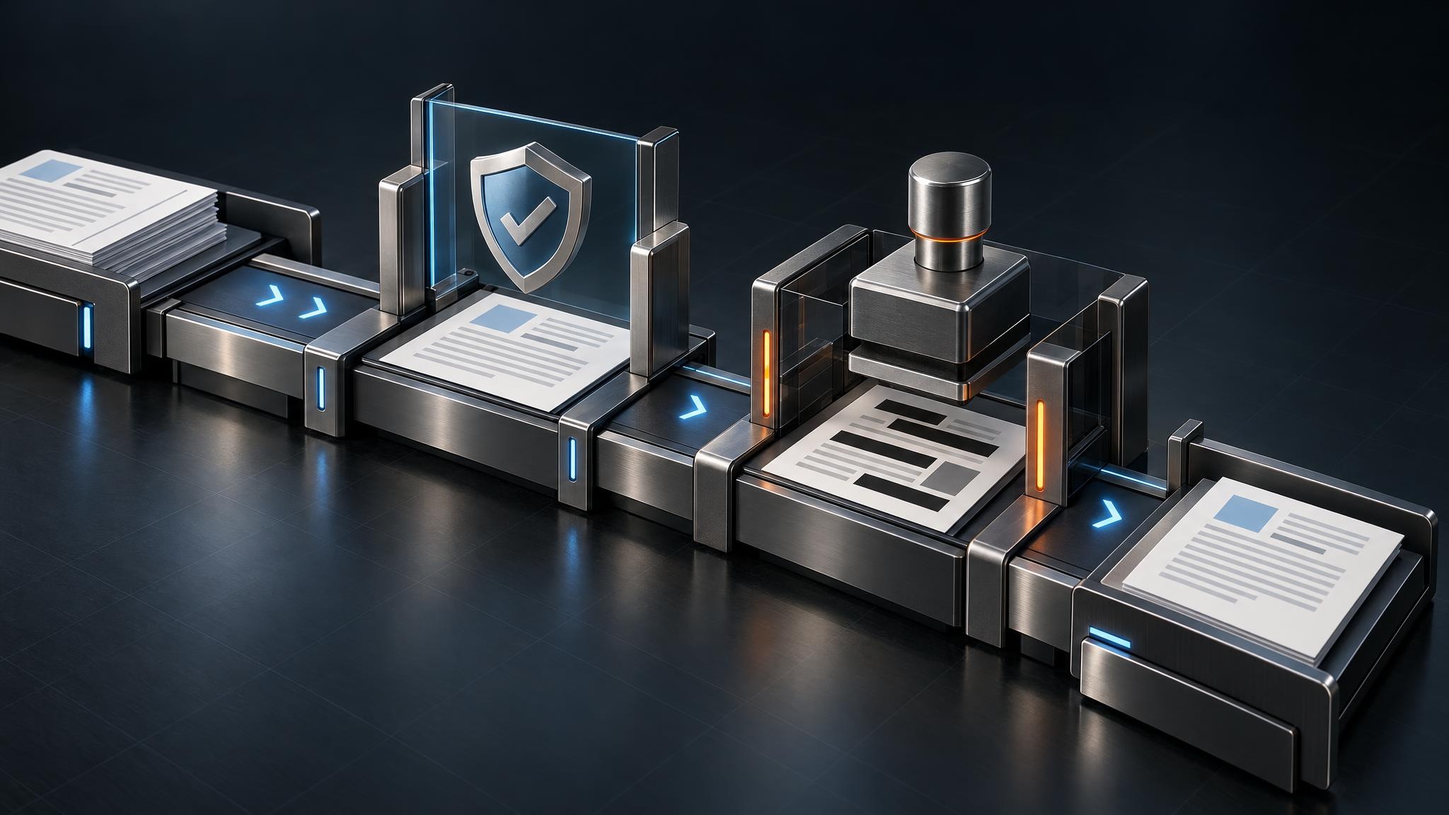 An illustration of an AI output passing through review and privacy checkpoints before release.