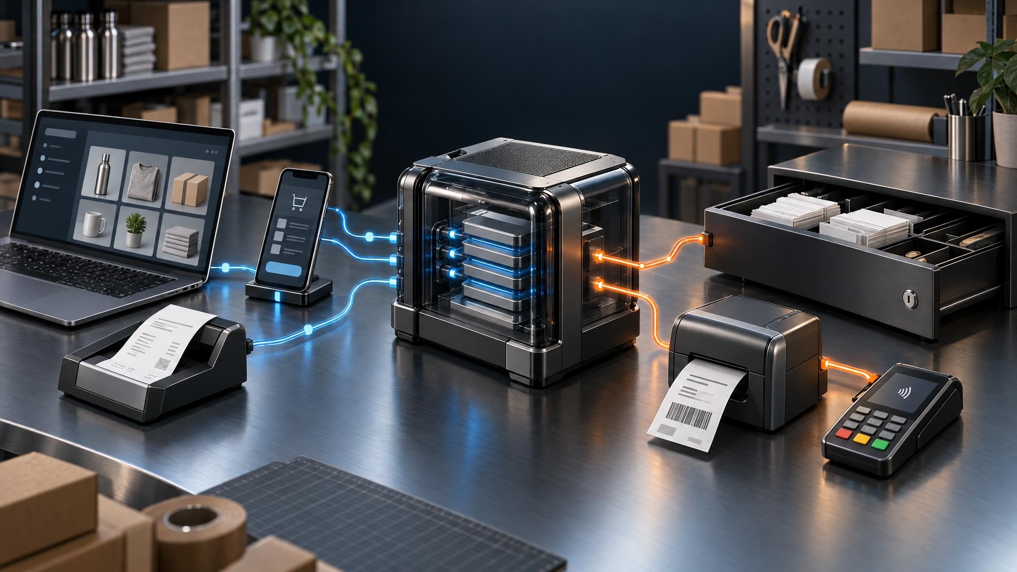 Conceptual CGI illustration of ai for small business, with graphite, glass and silver elements