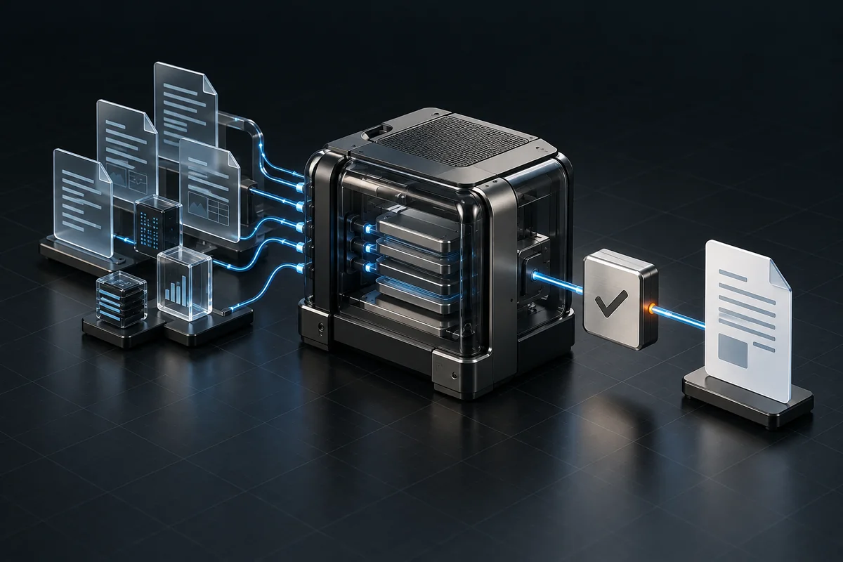 Concept illustration of documents passing through an AI processing core and a human approval gate.