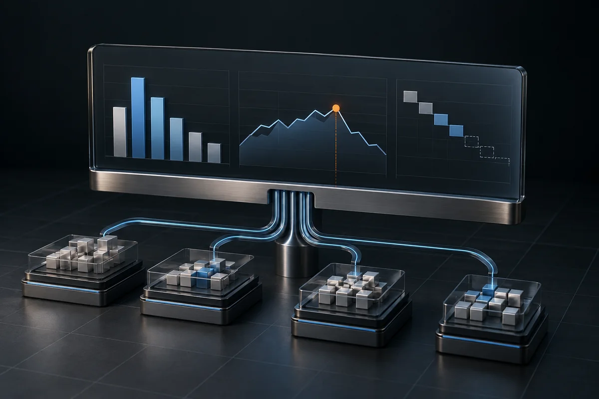 Concept illustration of multiple data sources feeding a clear reporting dashboard.