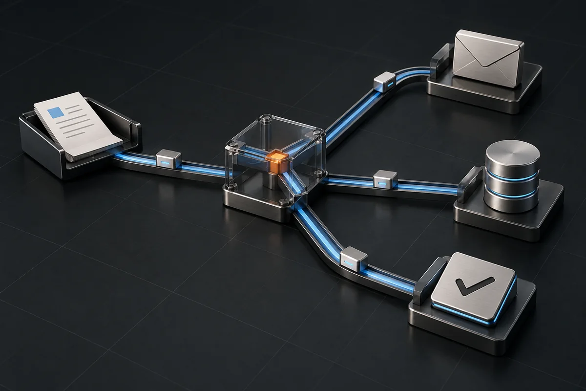 Concept illustration routing a document through approval to email, database, and task updates.