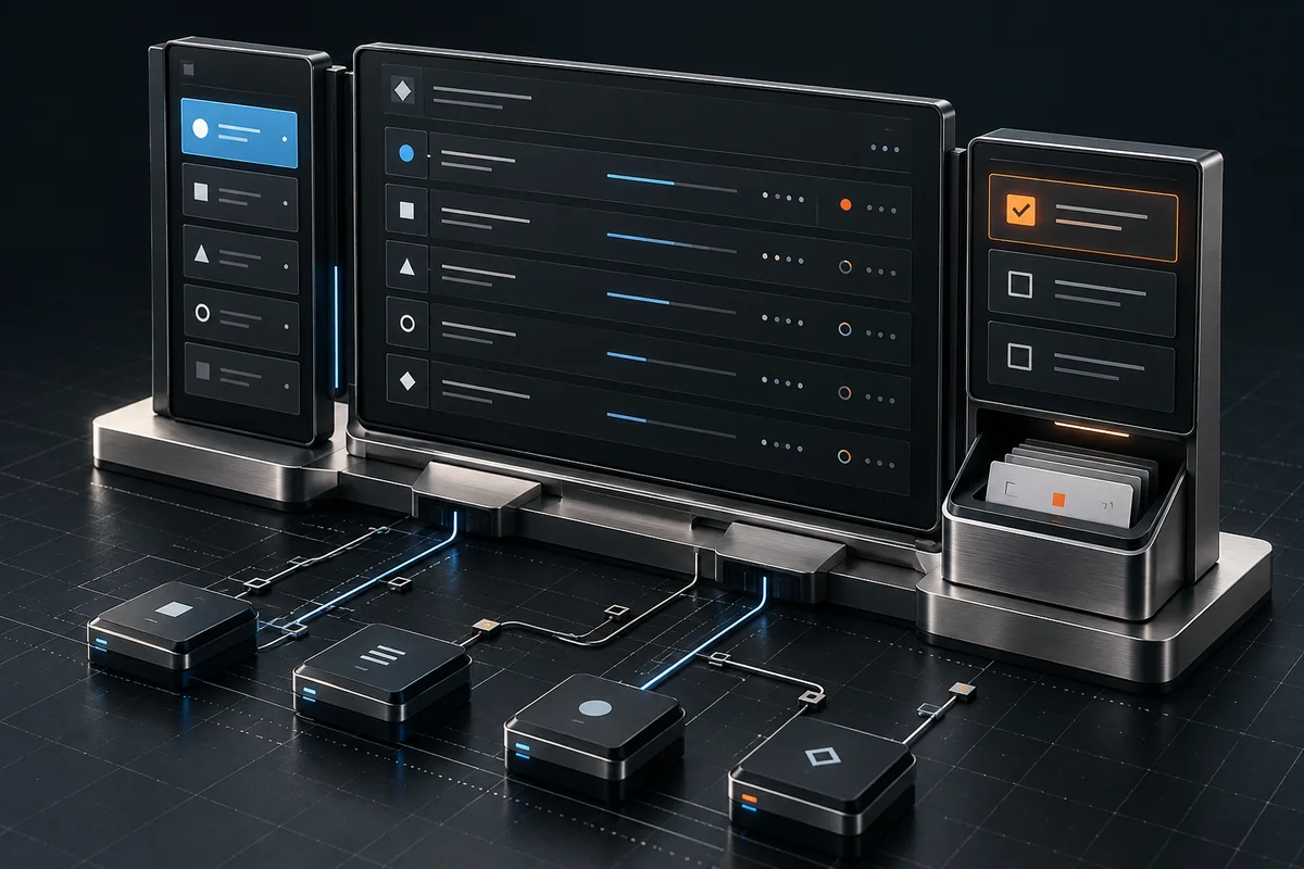 Concept illustration of a custom operations workspace connecting tasks, status, and approvals.