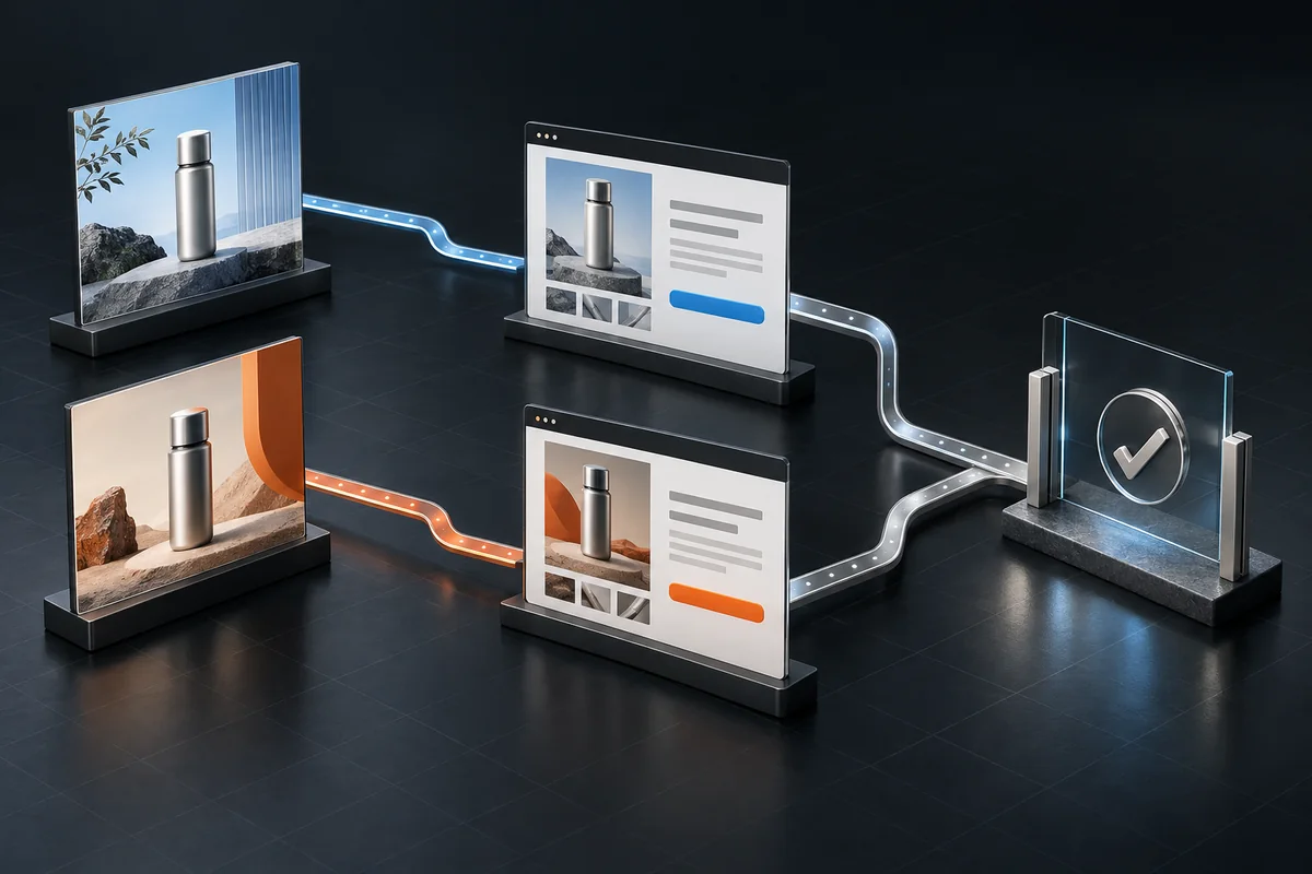 Concept illustration linking campaign variations and landing pages to a shared conversion checkpoint.