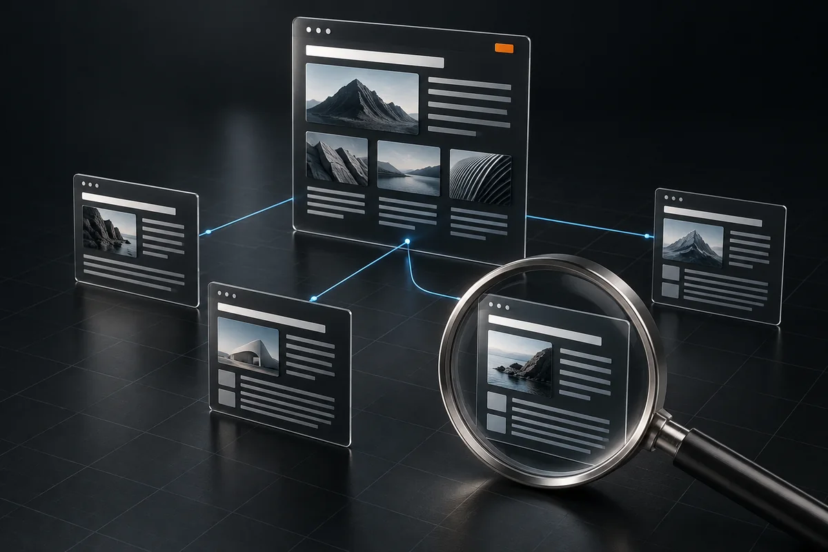 Concept illustration of connected content pages and a search lens revealing their structure.