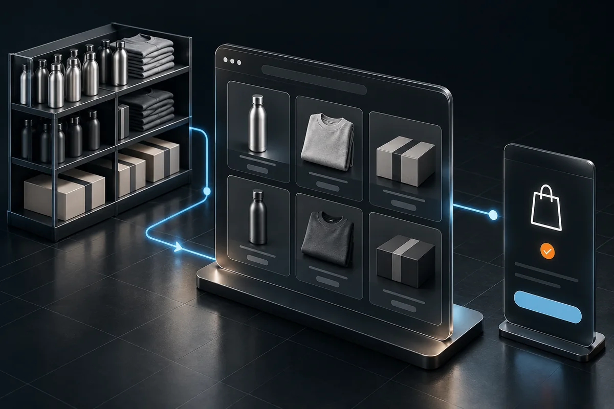 Concept illustration connecting product inventory, a storefront catalog, and checkout.