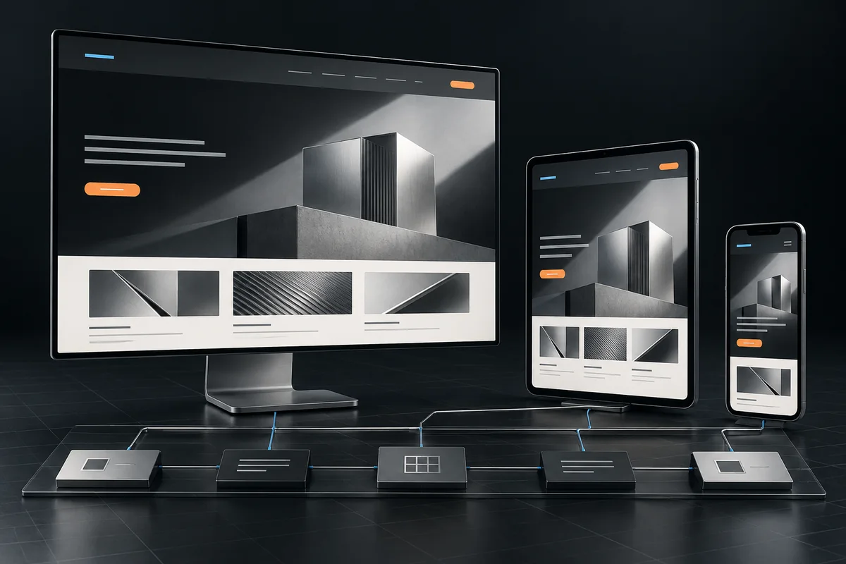 Concept illustration of one website adapting across desktop, tablet, and mobile screens.