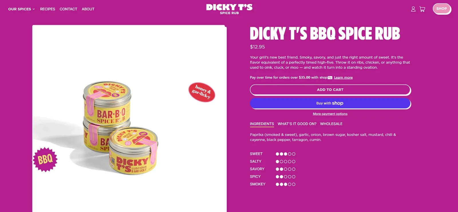 Dicky T's BBQ spice rub product page with ingredients and flavor details