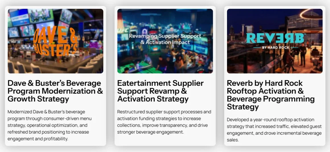 DCG case-study cards for Dave and Buster's, Eatertainment, and Reverb by Hard Rock