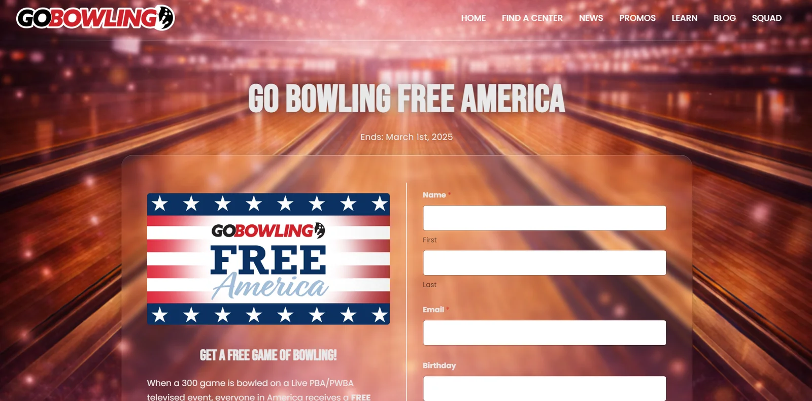 Go Bowling Free America campaign registration page