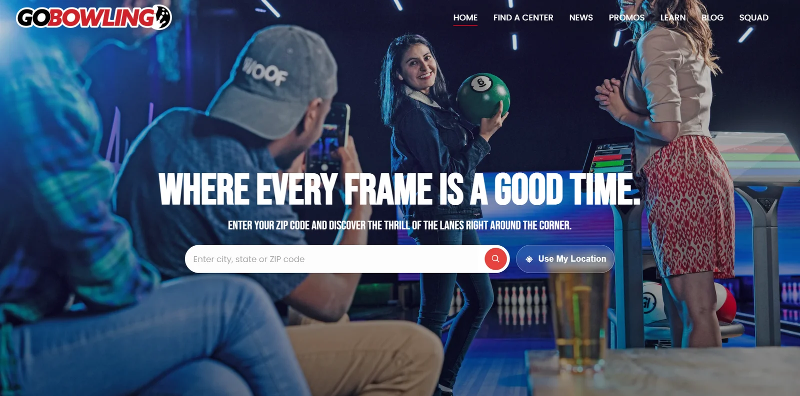 GoBowling homepage with location-based bowling center search