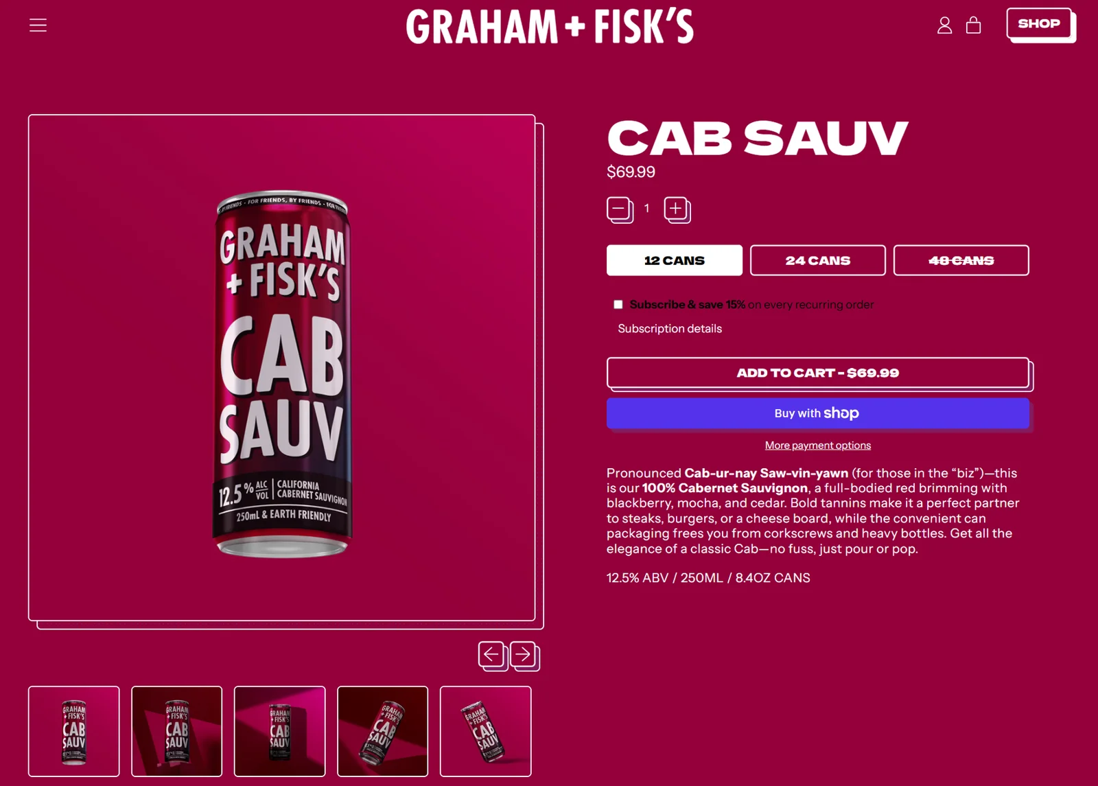Cab Sauv product page with pack sizes and subscription purchase options