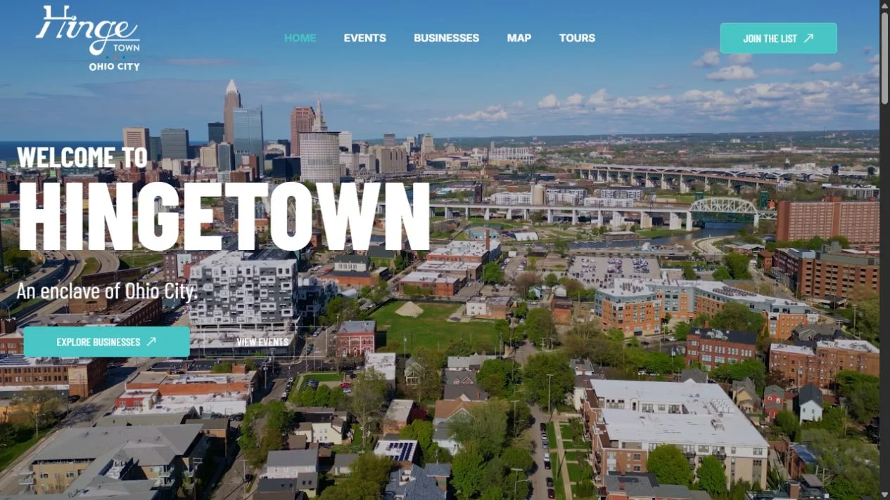 Hingetown homepage with neighborhood footage and links to businesses and events