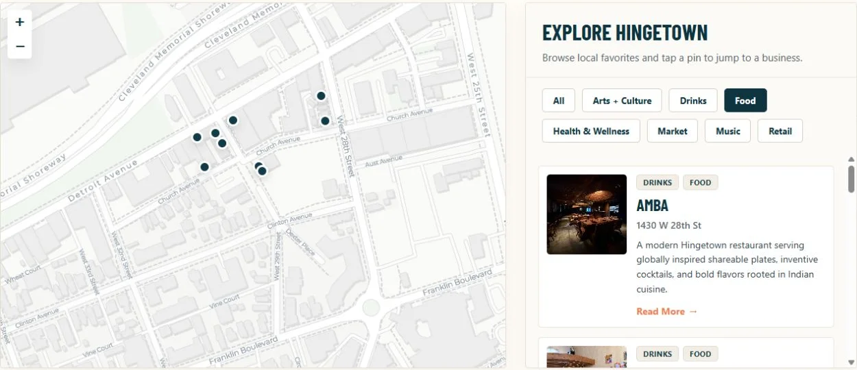 Hingetown interactive map filtered to food businesses alongside linked business profiles