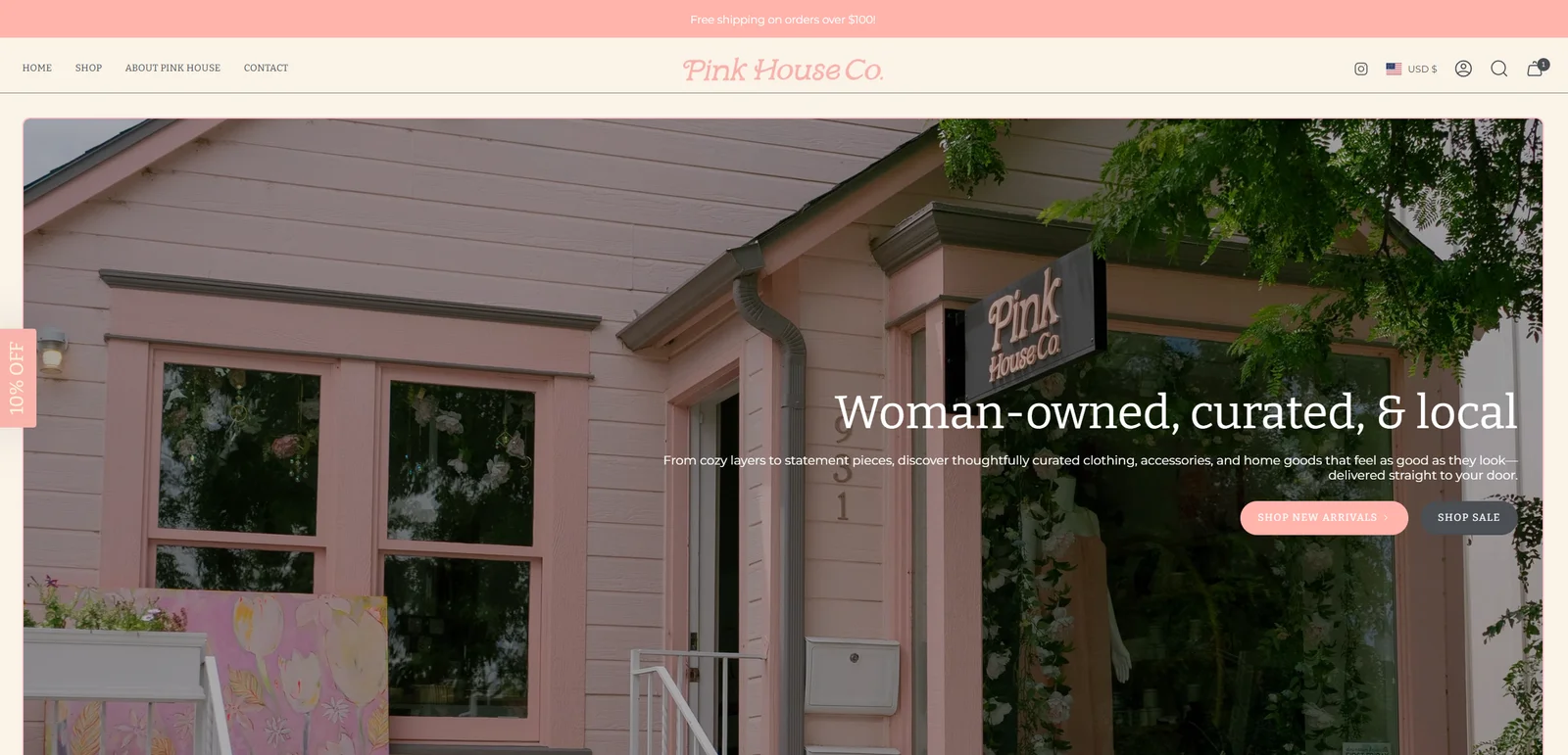 Pink House Co. storefront homepage featuring the local boutique