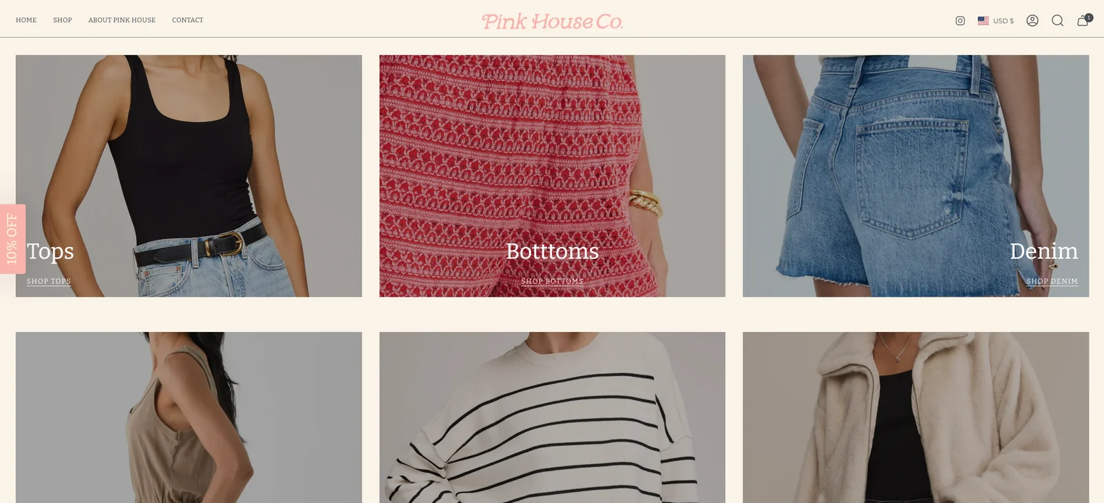 Pink House Co. visual collection navigation for tops, bottoms, and denim